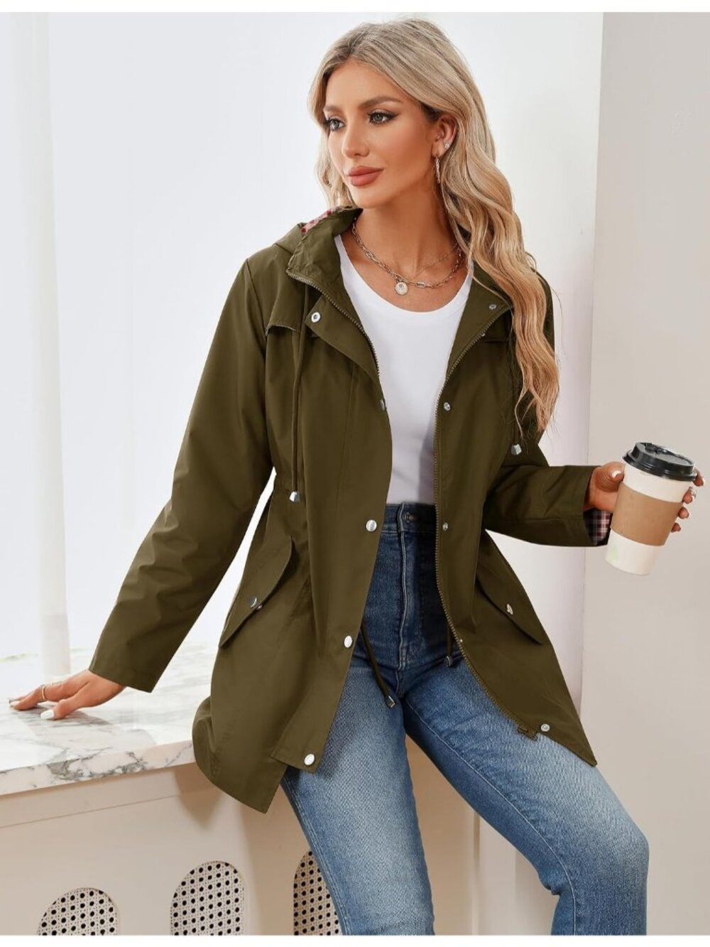 Women's Army Green Waterproof Outdoor Hiking Raincoat Lightweight Hooded Jackets - Picture 6 of 6